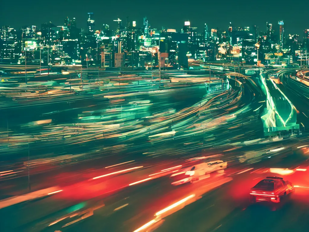 Image similar to 8 0 s neon movie still, high speed car chase on the highway with city in background, medium format color photography, 8 k resolution, movie directed by kar wai wong, hyperrealistic, photorealistic, high definition, highly detailed, tehnicolor, anamorphic lens, award - winning photography, masterpiece