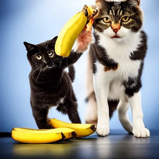 Prompt: A dog and a cat fighting for a banana, award winning photography