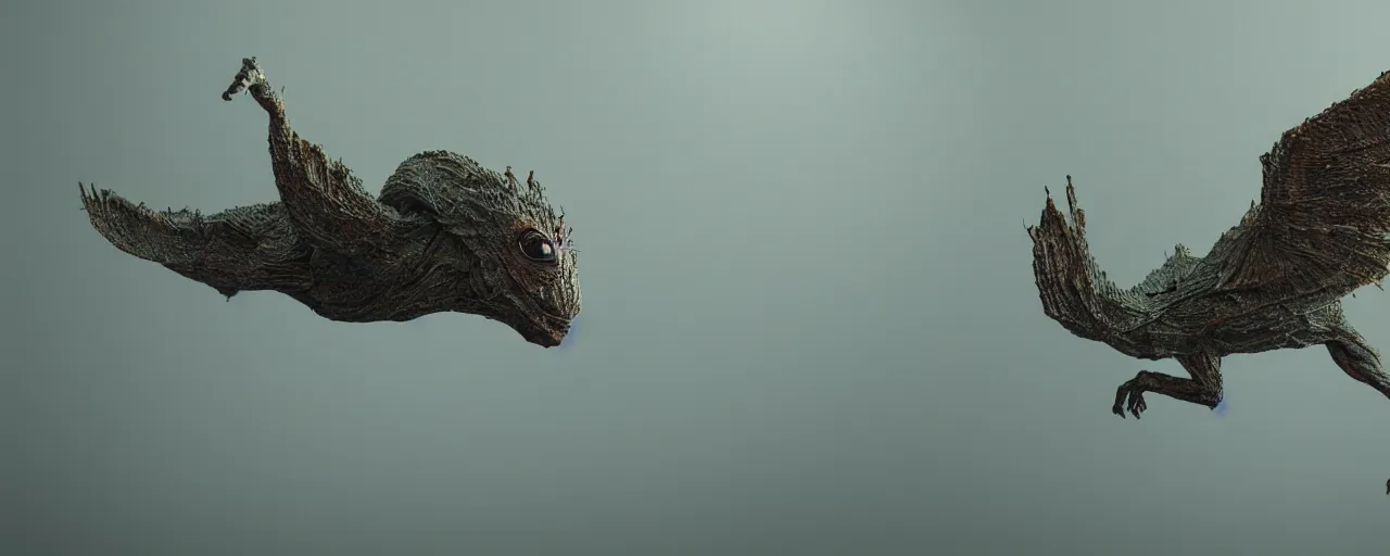 Image similar to a strange creature flying in the home room, film still from the movie directed by Denis Villeneuve with art direction by Zdzisław Beksiński, close up, telephoto lens, shallow depth of field, beautiful detailed intricate insanely detailed octane render, 8K artistic photography, photorealistic