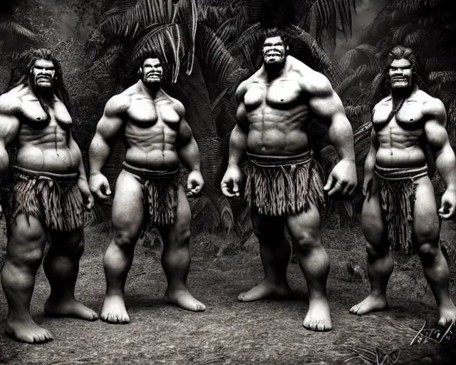 Image similar to hyper realistic group vintage photograph of a live action warcraft orc warrior tribe in the jungle, tall, hulk like physique, detailed faces, tribal paint, tribal armor, grain, old, monochrome, sepia toned, realistic lighting, wide angle