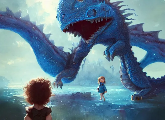 Prompt: a cute little girl with curly brown hair and blue eyes befriends a tiny sparkling blue baby dragon, beautiful fantasy art by greg rutkowski.