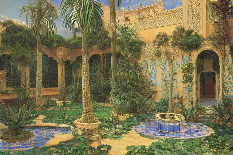 Image similar to painting of a beautiful moorish palace courtyard garden, by donato giancola and maxfield parrish and evelyn de morgan and rudolf ernst, patterned tilework, palm trees, tiled fountains, extremely detailed, cinematic lighting, smooth sharp focus