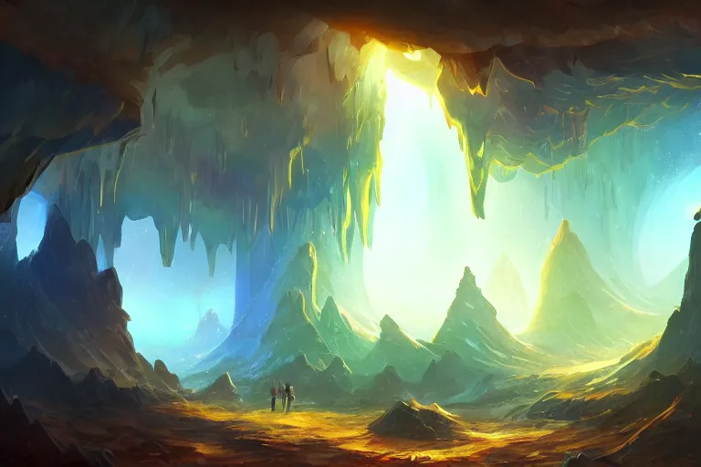 Prompt: glowing crystal cave, fantasy art in the style of Noah Bradley, HD wallpaper, concept art, trending on art station