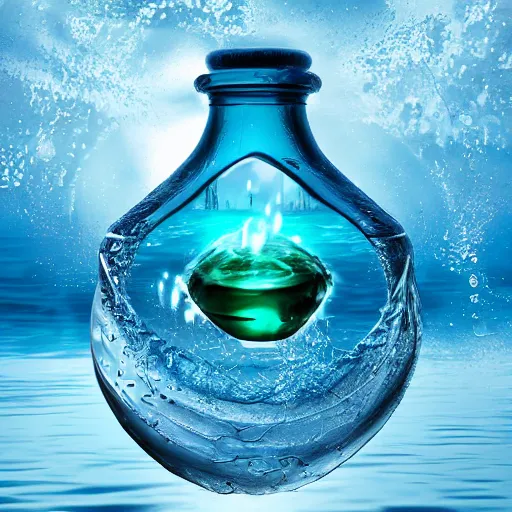 Image similar to water art manipulation in the shape of a human head in a bottle shape, on the ocean water, futuristic, glowing, hyper realistic, ray tracing, realistic water splashes, sharp focus, long shot, 8 k resolution, cinematic, photoshop water art