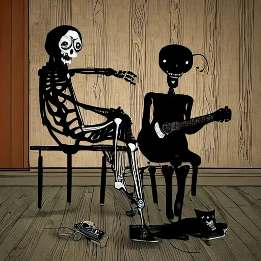 Image similar to skeleton wearing headphones watching girl playing guitar with her black cat standing next to her, digital art