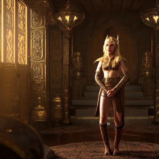 Image similar to the elder scrolls vi, charismatic rega blonde high elf female jarl, portrait, throne room, atmospheric lighting, painted, intricate, volumetric lighting, beautiful, daytime, sunny weather, slight overcast, sharp focus, deep colours, ultra detailed, by leesha hannigan, ross tran, thierry doizon, kai carpenter, ignacio fernandez rios