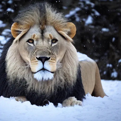 Prompt: a lion in the snow, blizzard,