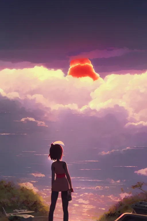 Prompt: a highly detailed matte painting of a girl watching nuclear explosion by studio ghibli, makoto shinkai, by artgerm, by wlop, by greg rutkowski, volumetric lighting, octane render, 4 k resolution, trending on artstation, masterpiece