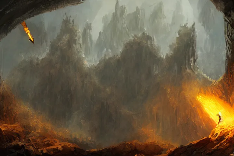 Prompt: concept art, mood painting, environment painting, man holding torch dark ruined mineshaft lotr. style of ryan church, jon mccoy, george hull, painting