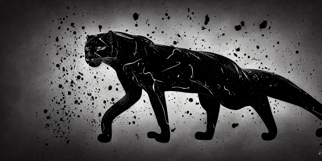 Prompt: the smooth panther, made of smooth black goo, sticky, full of black goo, covered with black goo, splattered black goo, dripping black goo, dripping goo, splattered goo, sticky black goo. concept art, reflections, black goo, animal drawing, digital art, desktop background