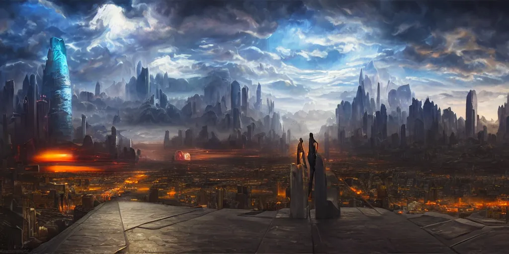 Prompt: fantasy oil painting, ultra futuristic, megalithic buildings, looming, billboards, advertisements, small buildings, warm lighting, street view, daytime, silhouetted figure standing overlooking the city, distant mountains, bright clouds, luminous sky, cinematic lighting, michael cheval, michael whelan, artstation, oil painting, vray, 8 k hd