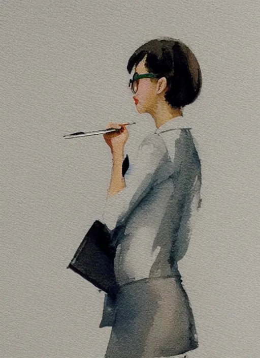 Image similar to concept art of a modern office life, young business woman, pencil miniskirt, pinterest, artstation trending, behance, watercolor, by coby whitmore, silver, laser light,