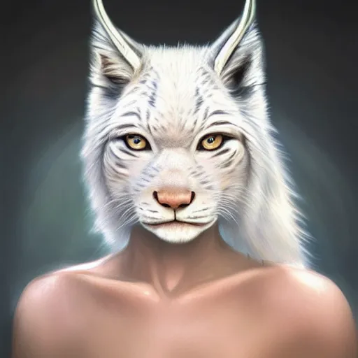 Image similar to beautiful realistic portrait of a person with white lynx head by artgerm, furry fantasy art