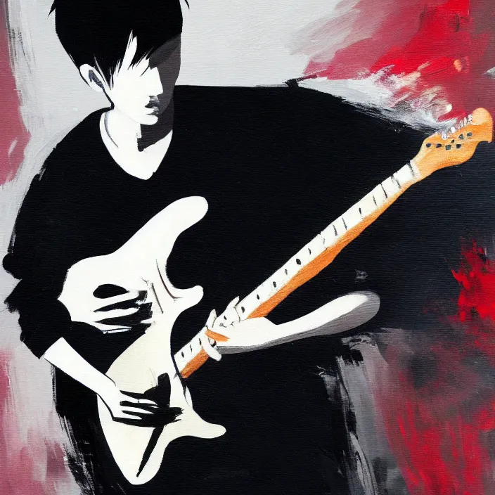 Image similar to large diagonal brush strokes, abstract dark painting of a young korean male musician wearing stylish black v neck t shirt holding a telecaster!!! electric guitar!!, thick flowing dramatic brush strokes, dark matte colors, abstract, impressionist, motion, trending on artstation