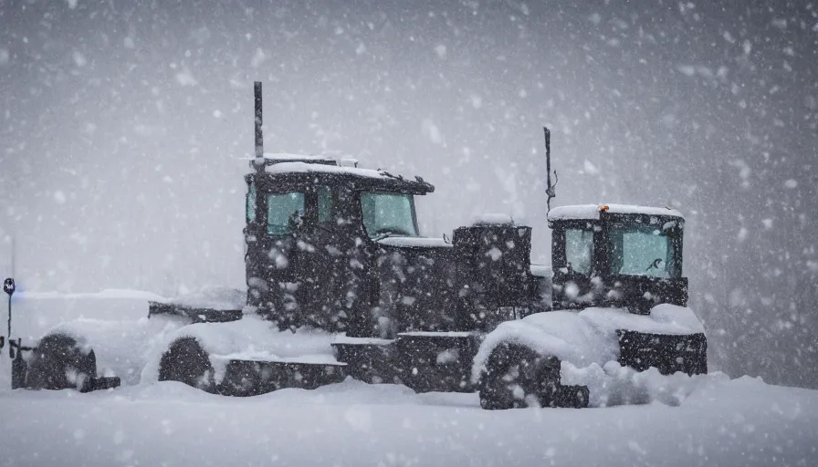 Image similar to snowplow covered by snow in beautiful winter landscape. fog, snowstorm, photorealistic rendering, octane, depth of field, blurry