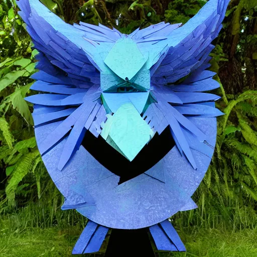 Prompt: abstract, sculpture articuno made of various materials from rainforest of face of artificial intellicgence