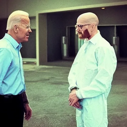 Image similar to “Very very photorealistic screenshot of Joe Biden and Walter White meeting in an episode of Breaking Bad, atmospheric lighting, award-winning”