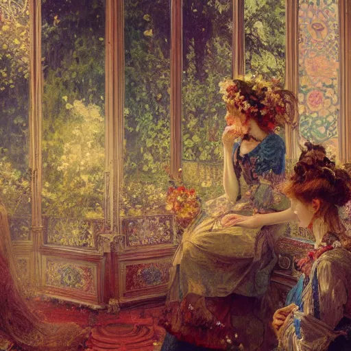 Image similar to a beautifull intricate oil painting of a victorian room with flowers, reflexions, verry high details by william turner art, greg rutkowski and alphonse mucha, trending on artstation, very very detailed, masterpiece, intense colours, wide lens,