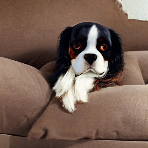 Image similar to a cavalier king charles spaniel who is really bored, tired, lying on a sofa with pillows, oil on canvas, by artgerm and greg rutkowski