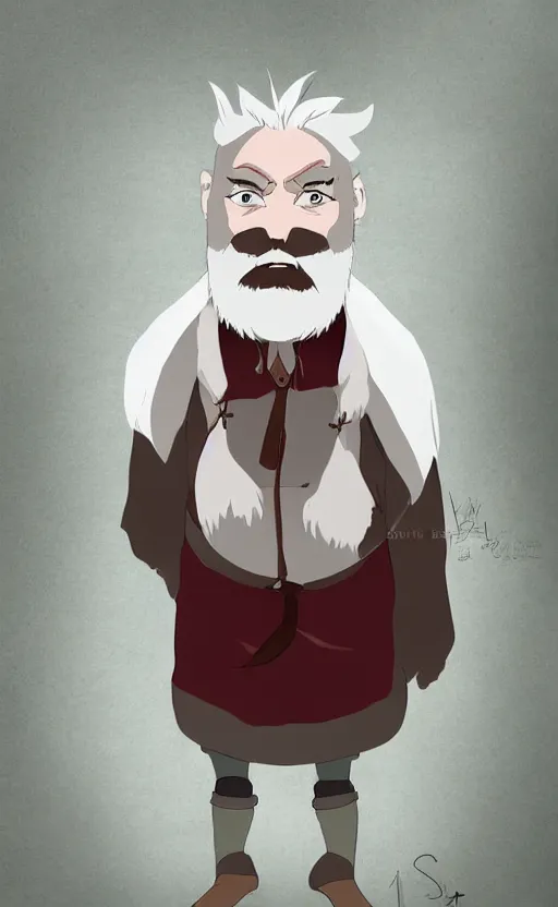 Prompt: dwarf with white hair, red eyes, long beard, pale white skin, full body character portrait, digital art by studio ghibli