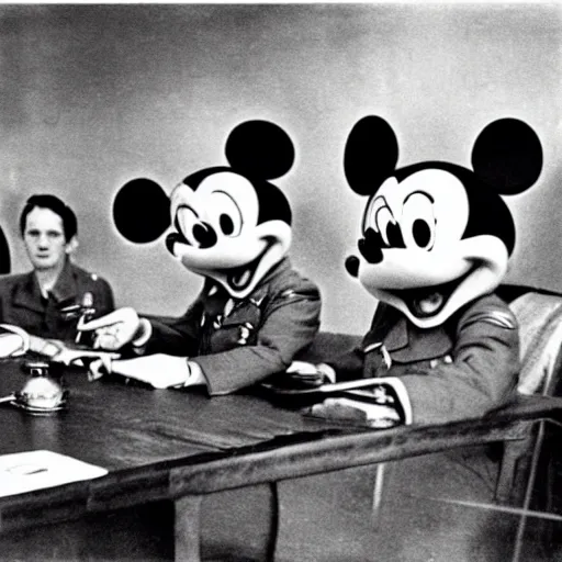 Image similar to Mickey Mouse WW2 photograph in a military meeting, Germans, dictator