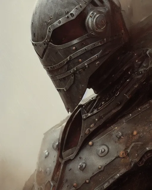 Image similar to Hyper realistic painting of an empty suit of rusty medieval full plate armour, dark fantasy, fantasy armor, hyper detailed, by greg rutkowski, surrounded by dark fog, trending on artstation