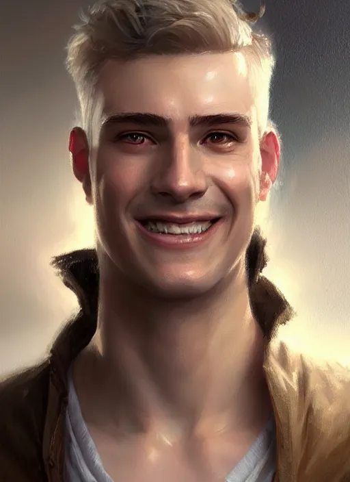 Image similar to a _ fantasy _ style _ portrait _ painting _ of white male short fringe light brown hair short head smiling clean shaven round face rpg dnd oil _ painting _ unreal _ 5 _ daz. _ rpg _ portrait _ extremely _ detailed _ artgerm _ greg _ rutkowski _ greg