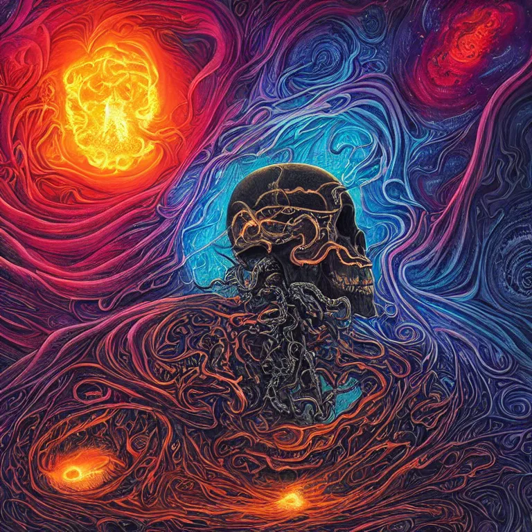 Image similar to a centered giant skull with intricate rune carvings and glowing eyes with thick lovecraftian tentacles emerging from a space nebula by dan mumford, symmetry, twirling smoke trail, a twisting vortex of dying galaxies, digital art, vivid colors, highly detailed