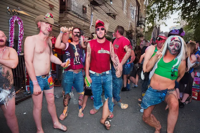 Prompt: pride party of rednecks, street photography, photojournalism