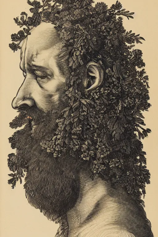 Prompt: a man's face in profile, with a long beard made of flowers and fruit, in the style of the dutch masters, dark and moody
