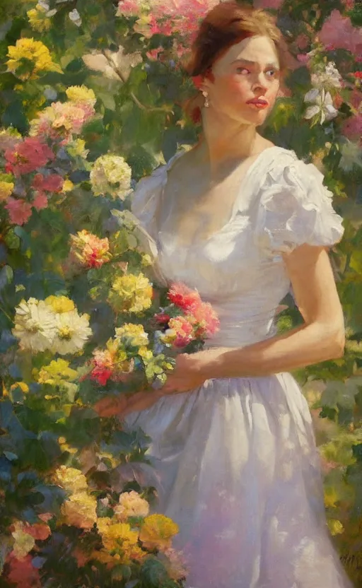 Prompt: romantic portrait of in an elegant dress surrounded by beautiful flowers, by gregory manchess, james gurney, james jean, realistic, photo, 8 k