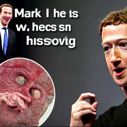 Image similar to mark zuckerberg clawing away his own skin to reveal the monster underneath, like a parasite escaping it's host