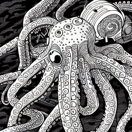 Image similar to detailed, intricate, colour, comic style illustration of a robotic octopus with audio jack cable tentacles, inside a huge music studio cave