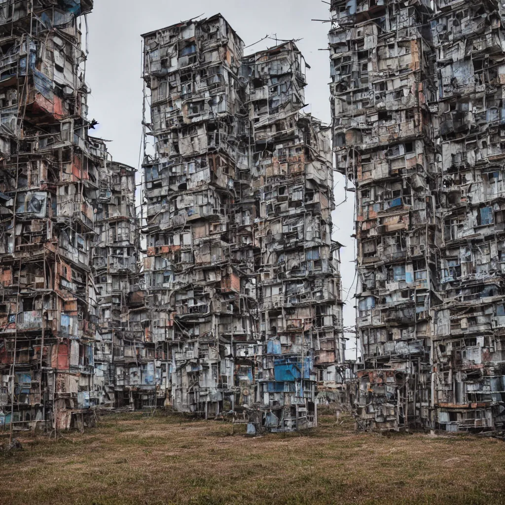 Prompt: three towers, made up of makeshift squatter shacks with faded colours, large vertical blank spaces, ultra detailed, dystopia, sony a 7 r 3, f 1 1, fully frontal view, photographed by jeanette hagglund