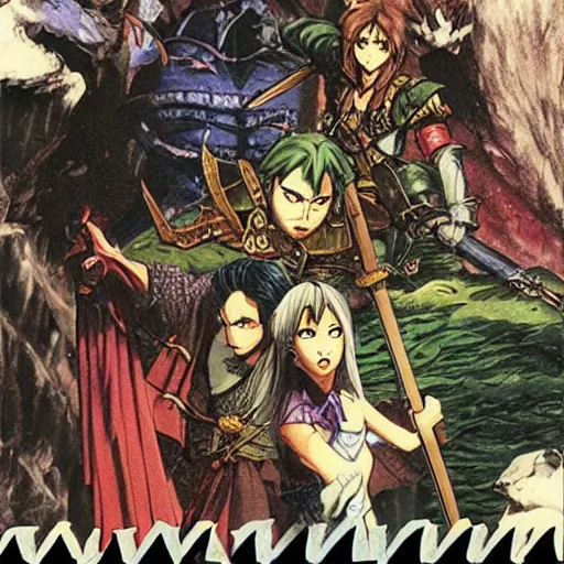 Image similar to An adventuring party navigating a dark dungeon, fantasy, D&D, detailed, 1990's Japanese OVA still, Yuuki Nobuteru