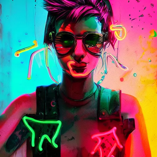 Image similar to splashes of neon, punk portrait made out of paint, trending on artstation, epic composition, emotional, beautiful, rendered in octane, highly detailed, realistic, comic book art