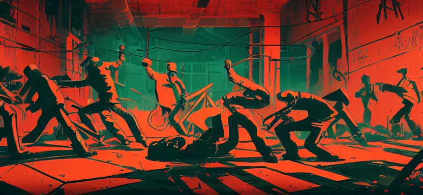 Image similar to handmade illustration of a violent street fight with weapons in an industrial room, line art, octane render with volumetric lighting, miniatures by wes anderson, cedric peyraavernay, waste processing machinery, bladerunner, green and red radioactive swamp, by Remedios Varo and Anato Finnstark and Greg Rutkowski, dayglo pink, dayglo blue, dazzle camouflage, 8k, trending on ArtStation