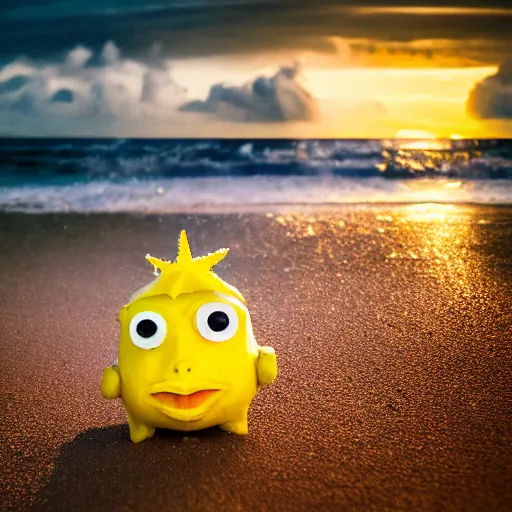 Image similar to 5 0 mm photograph, of a real anthropomorphic lemon character, with lemon skin texture, it is wearing a hat and scuba diving, building a sandcastle on the beach at sunset, beach, huge waves, sun, clouds, tropical trees, rim light, cinematic photography, professional, sand, sandcastle, volumetric lightening