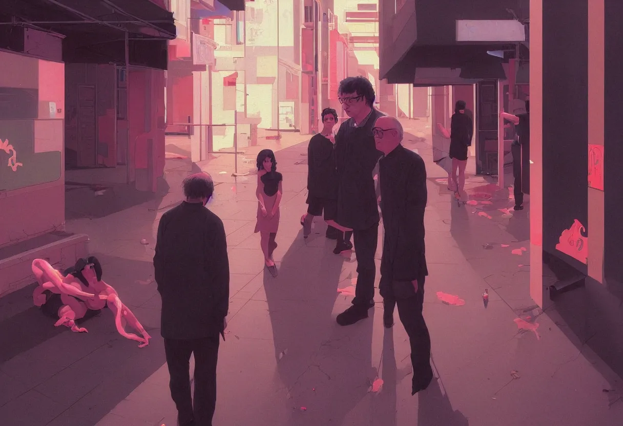 Image similar to sad and heartbreaking painting of todd solondz asking for help in the empty streets of tel aviv, vivid colors, neon, art by ( ( ( kuvshinov ilya ) ) ) and wayne barlowe and francis bacon and artgerm and wlop and william - adolphe bouguereau