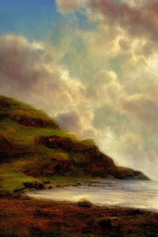 Prompt: digital painting detailed serene ocean mist candy cloudy sky by arthur hughes