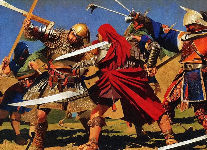 Image similar to dynamic combat scene between a Byzantine medieval warrior and a Turkish medieval warrior, by Angus McBride.