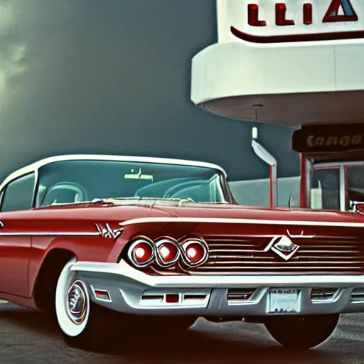 Image similar to 3 5 mm film photo of a white 1 9 6 0 s chevy impala with a red interior outside an old gas station