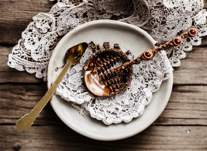 Image similar to dslr photograph of a beautiful bowl filled with rusty nails screws and bolts with a spoon next to it on a lace napkin, 8 5 mm f 1. 8