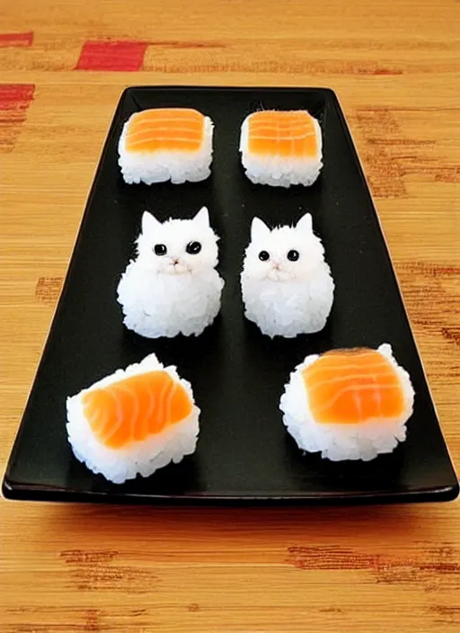 Image similar to clear surrealist painting of tiny adorable cats made from sushi rice, sitting on sushi plates with sushi, garnish, wasabi and soy sauce