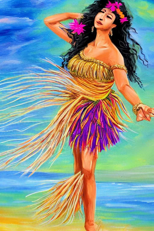 Image similar to authentic artwork of hawaiian hula dancer, high detail, beautiful background