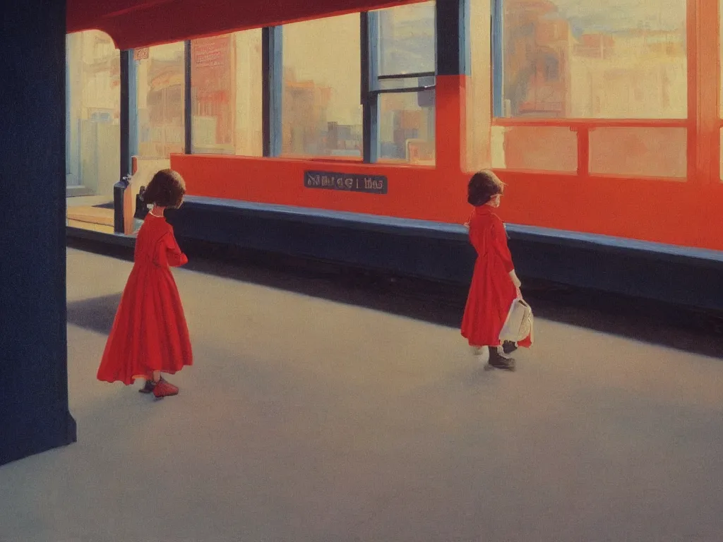 Prompt: lone girl waiting for the train in a half remembered dream, stanley kubrick the shinning, vibrant colors americana, cinematic, volumetric lighting, realistic, detailed, painting in the style of edward hopper