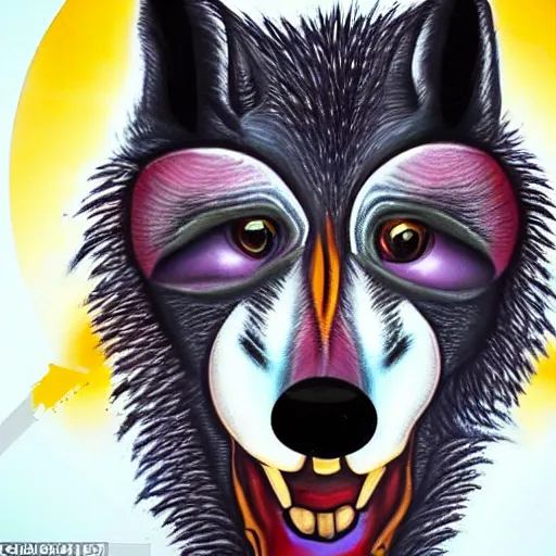 Image similar to portrait of retarded wolf, eyes in different directions, vivid colors, propaganda style, it looks sick, very ugly face, missing teeth