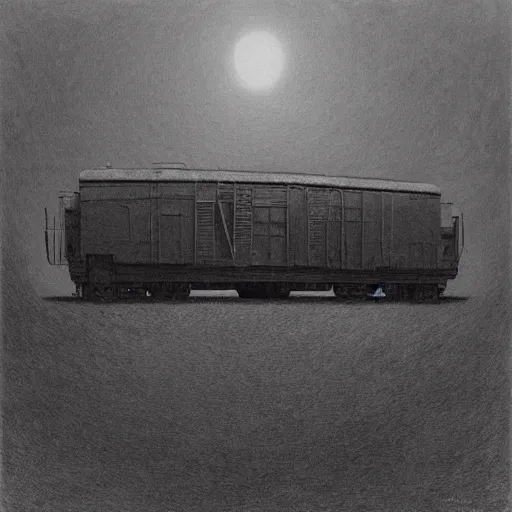 Prompt: Train. Vacant. Desolation. Unsettling. Zdzisaw Beksinski