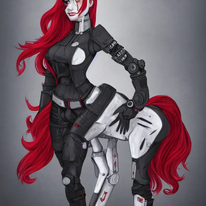 Image similar to Fallout Equestria Project Horizons | Blackjack Character Fanart | White MLP Unicorn Mare with red and black shaggy hair, and bright, robotic eyes. | Trending on ArtStation, Digital Art, MLP Fanart, Fallout Fanart | Hyperrealistic CGI Photorealistic Cyborg Unicorn