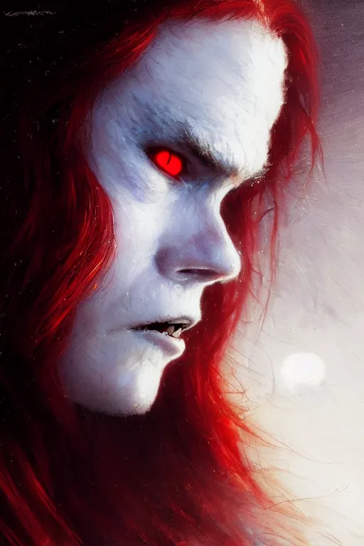 Prompt: extreme close up of a beautiful vampire with red eyes and long red hair in a ponytail, in a white woollen turtleneck dress, looking at a small blue shin godzilla, portrait dnd, painting by gaston bussiere, craig mullins, greg rutkowski, yoji shinkawa